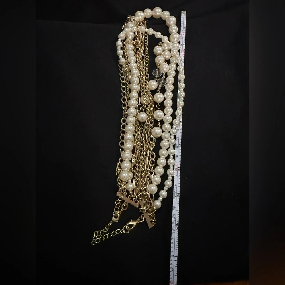 Multi-Strand Gold-Tone Faux Pearl and Chain Layered Necklace